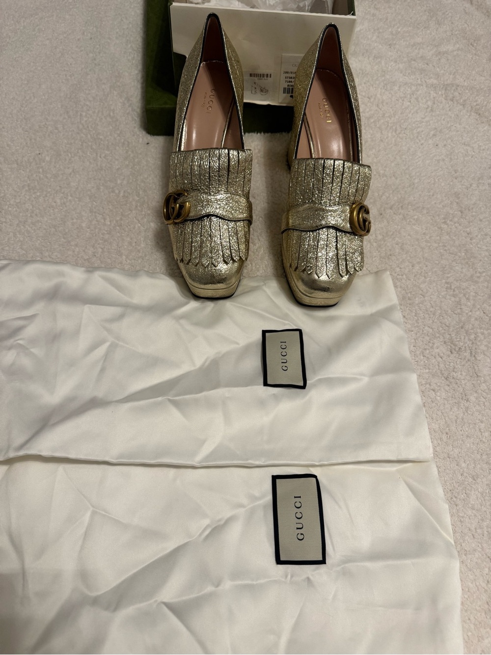 Gucci Metallic Gold Fringe Block Heel Loafers - Picture 8 of 10